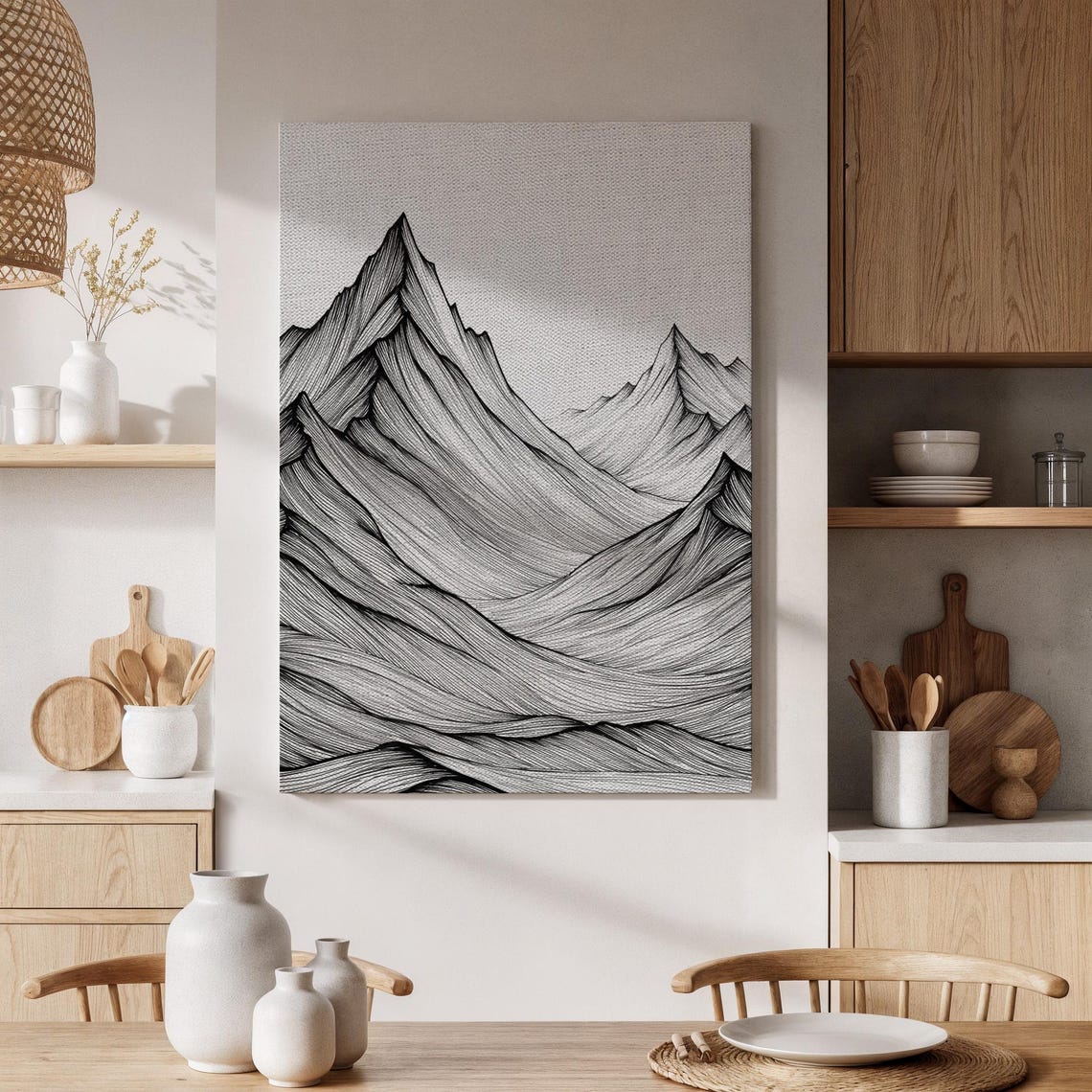 Black And White Mountain Peaks Line Art Minimalist Nature Poster