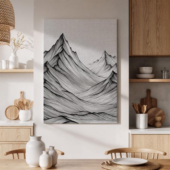 Framed Black And White Mountain Landscape Canvas Minimalist Art Hand Drawn Nature Illustration Modern Wall Decor For Living Room