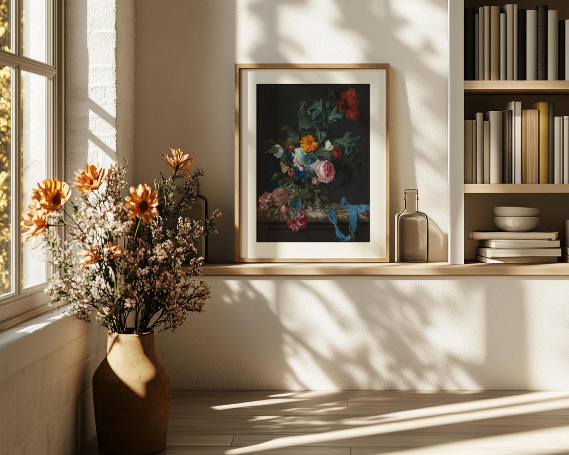 Moody Mixed Bouquet with Blue Ribbon in Dark Classic Still Life Poster - Image 6