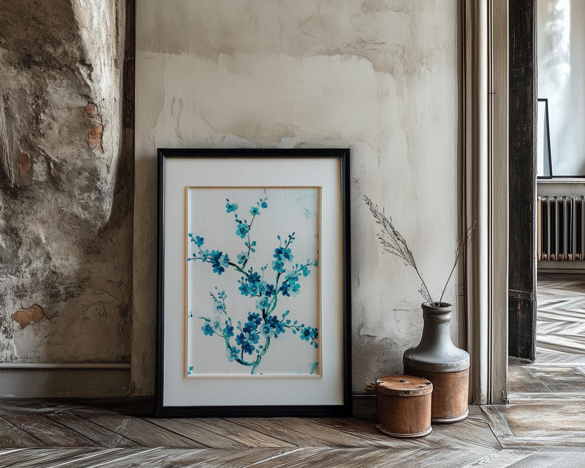 Blue Cherry Blossom Branches Watercolor Floral Wall Decor Print - Image 3