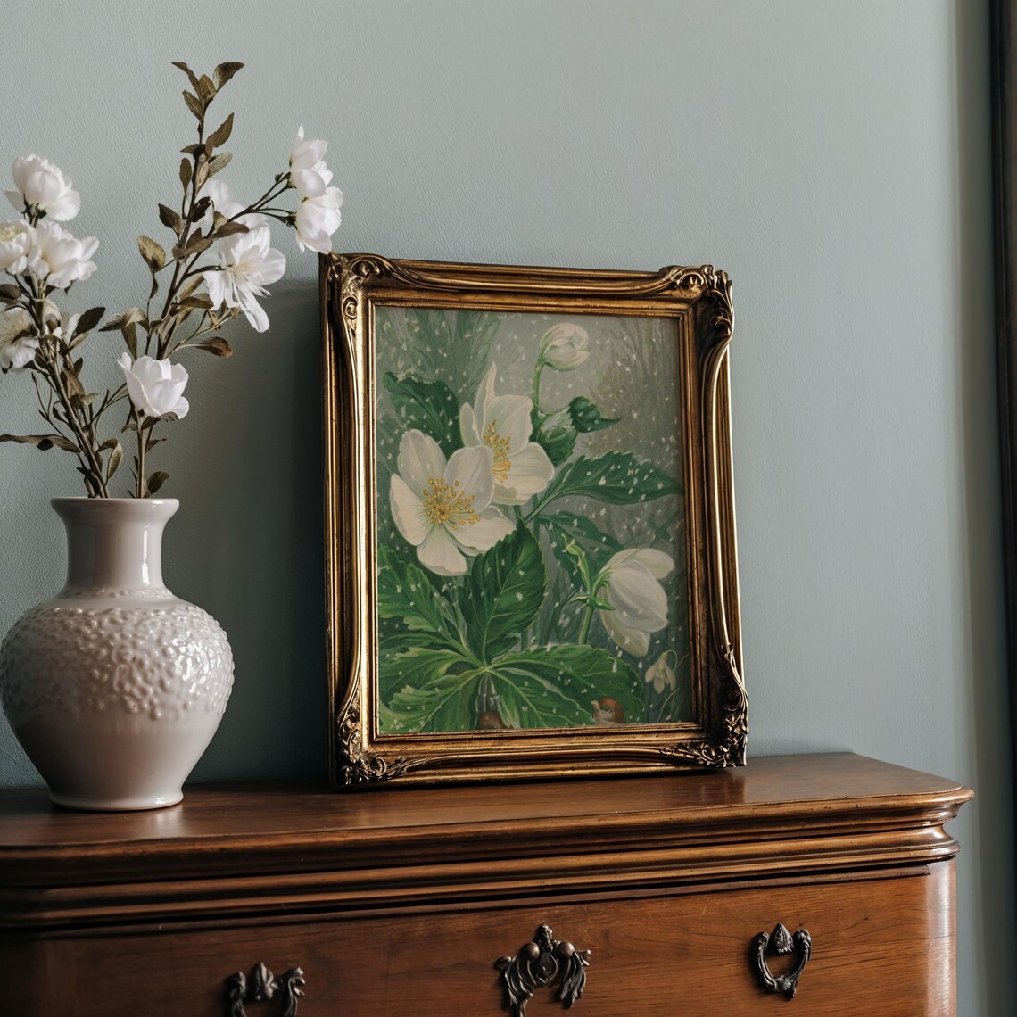 White Hellebore Christmas Rose in Snow Vintage Botanical Art Poster - Image 2
