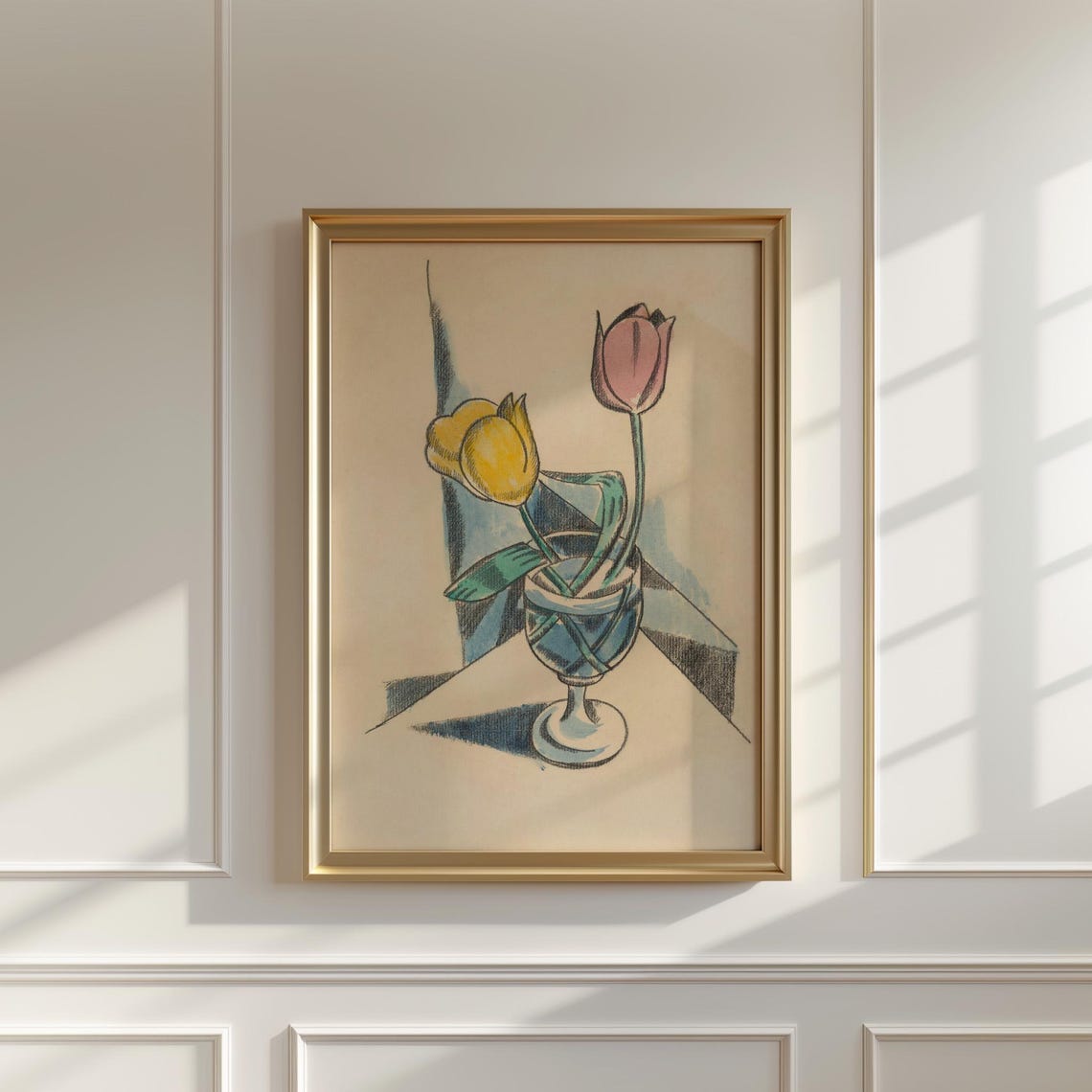 Yellow And Pink Tulips In A Glass Vase Cubist Style Art Print - Image 5
