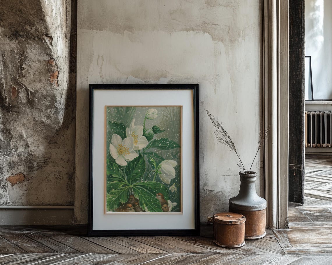 White Hellebore Christmas Rose in Snow Vintage Botanical Art Poster - Image 3