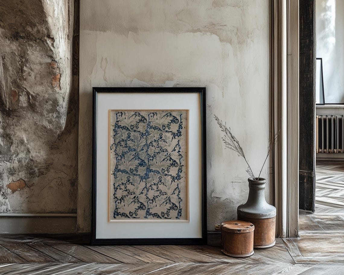 Indigo and Cream Floral Wallpaper Pattern Morris Style Poster - Image 3