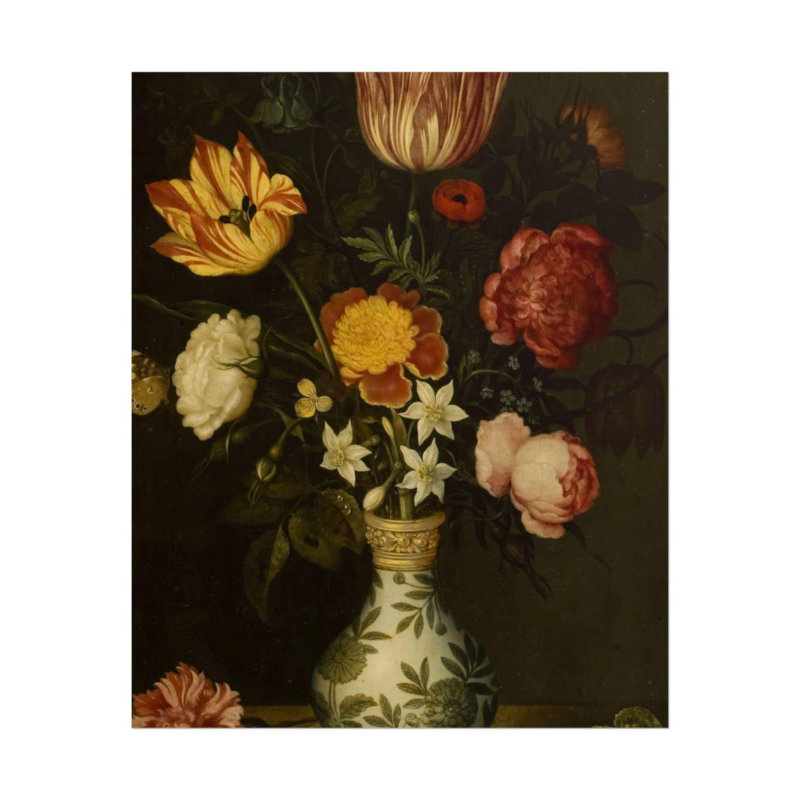 Tulips and Peonies in Blue Porcelain Vase Dark Still Life Poster - Image 5