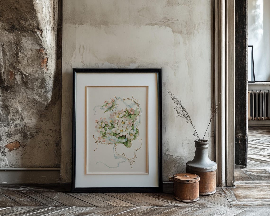 White Cherry Blossoms with Pale Blue Ribbon Botanical Art Poster - Image 3