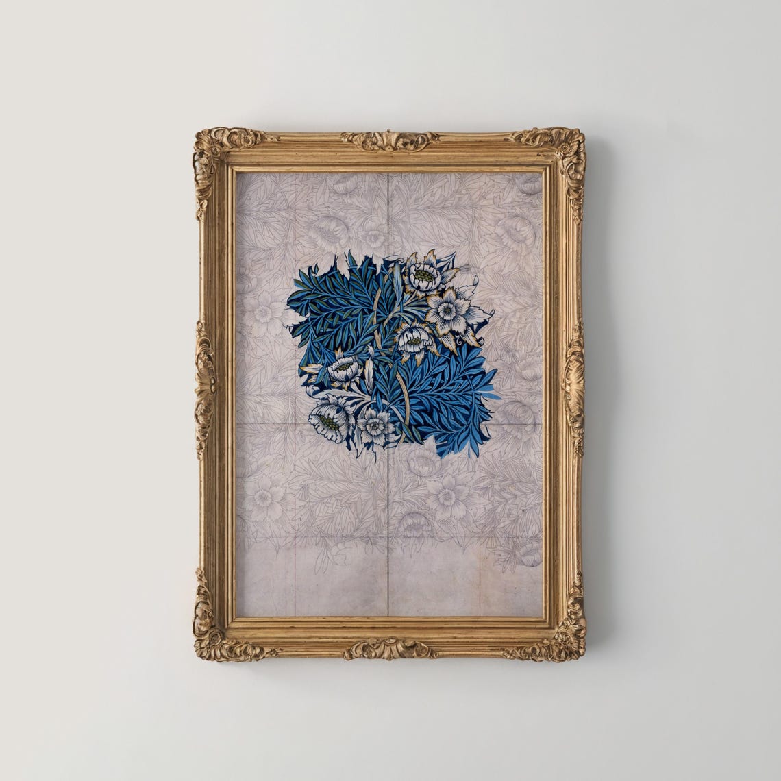 William Morris Style Blue Botanical Motif Sketch Paper Poster