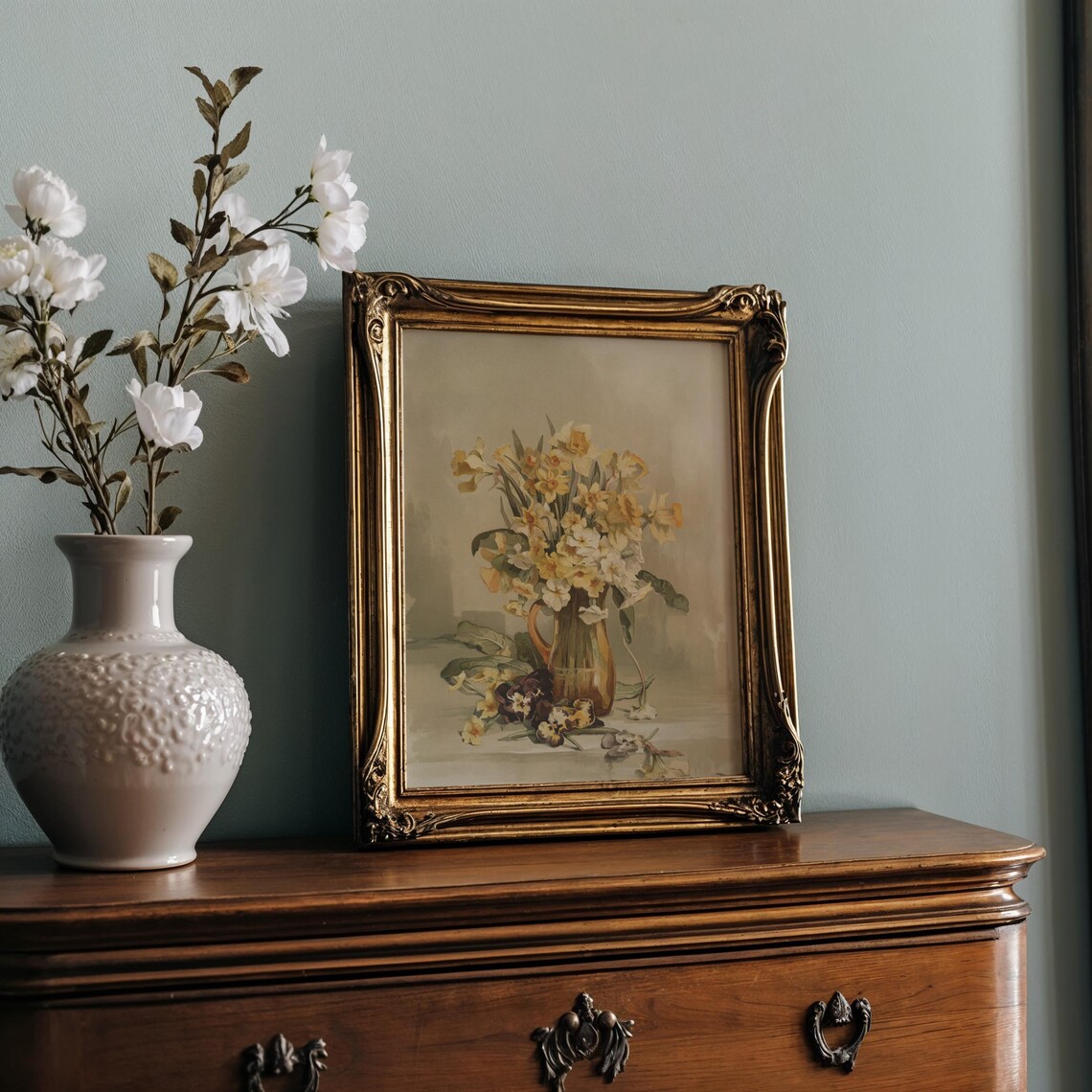 Yellow Daffodils In A Copper Jug Still Life Watercolor Print - Image 2