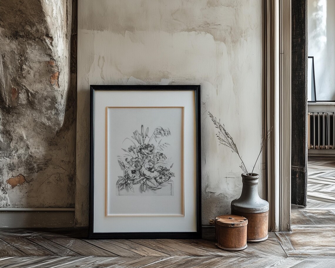 Black and White Botanical Engraving Flower Trough Vintage Poster - Image 3