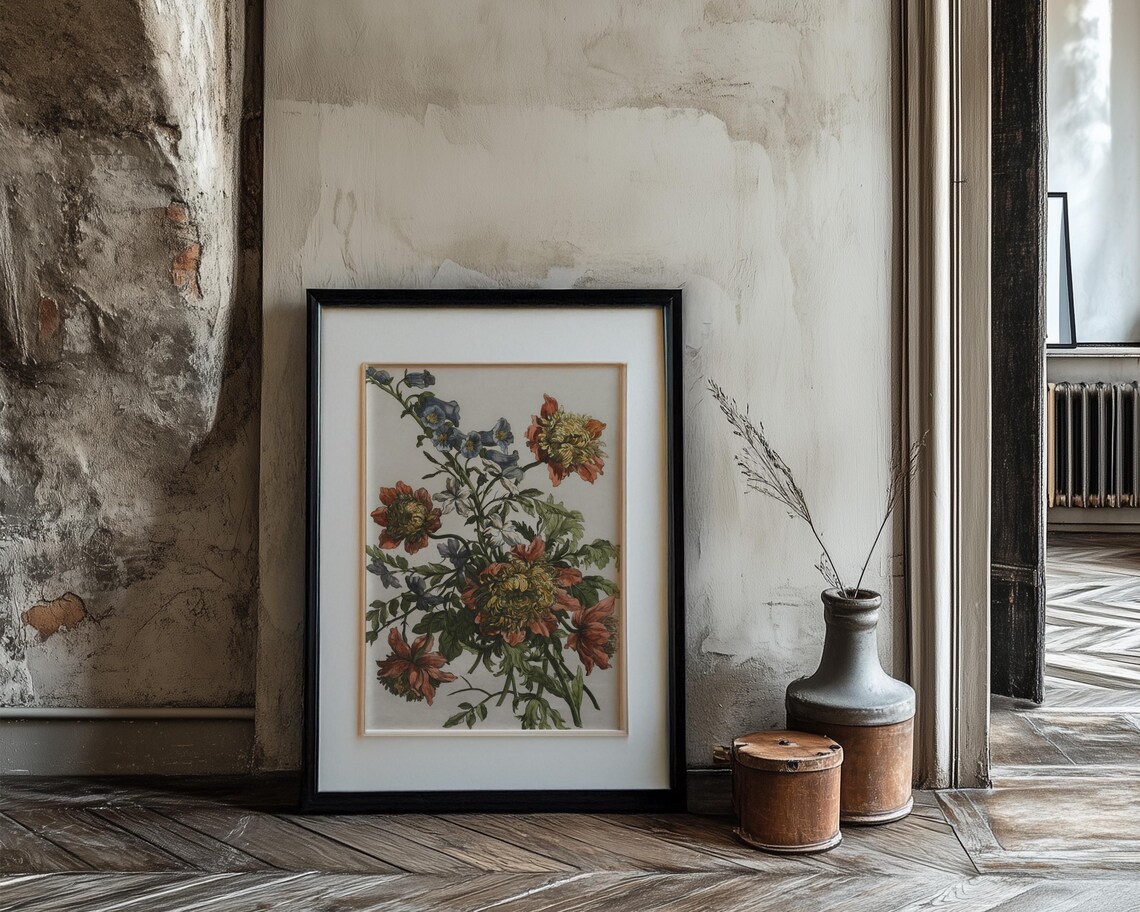 Red And Blue Vintage Bouquet Engraving Floral Wall Decor Print - Image 3