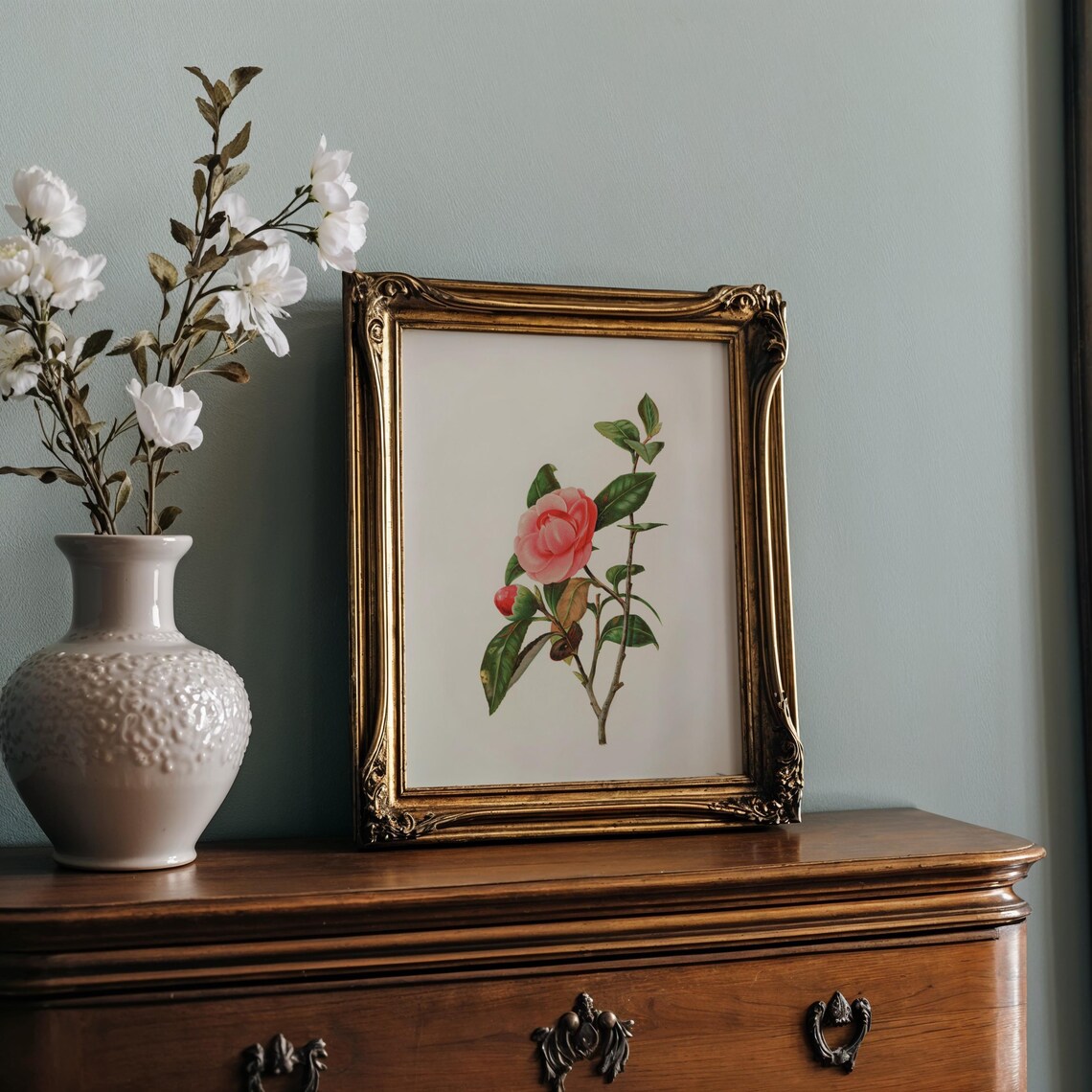 Pink Camellia Flower Branch in Fine Botanical Illustration Art Poster - Image 2