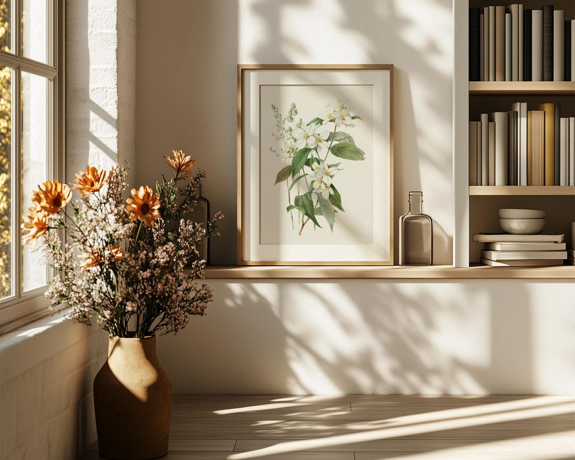 Soft White Jasmine Blossom Branch Vintage Botanical Wall Poster - Image 6