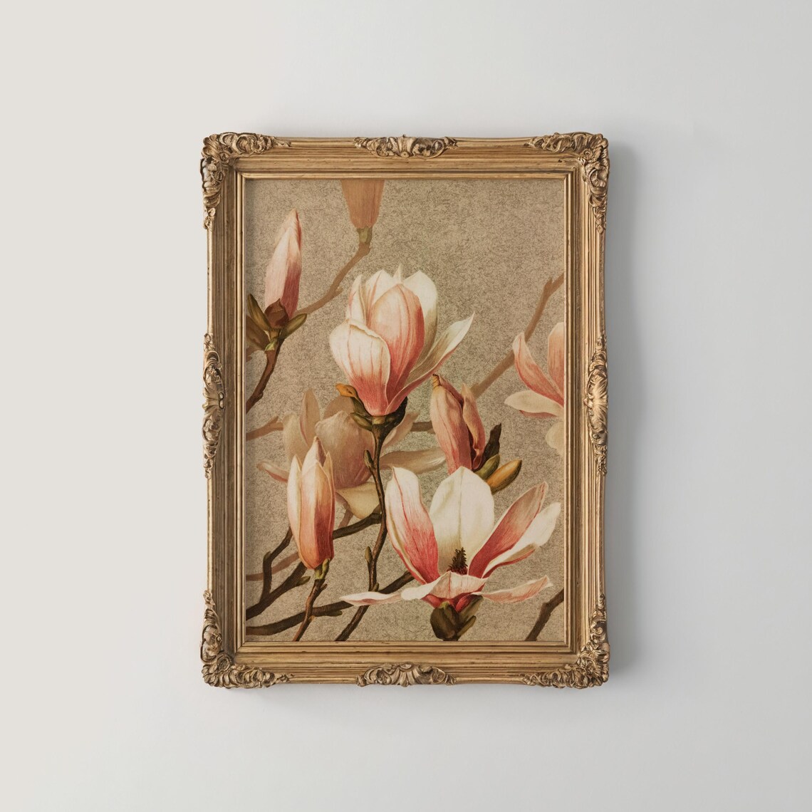 Vintage Magnolia Branch Blush White Blossoms Taupe Ground Poster
