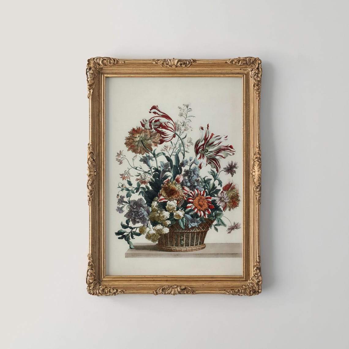 Hand Colored Art Flower Basket Broken Tulips Carnations Poster