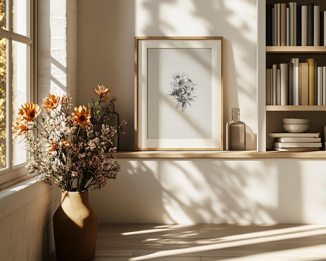 Vintage Black and White Botanical Bouquet Engraving Art Poster - Image 6
