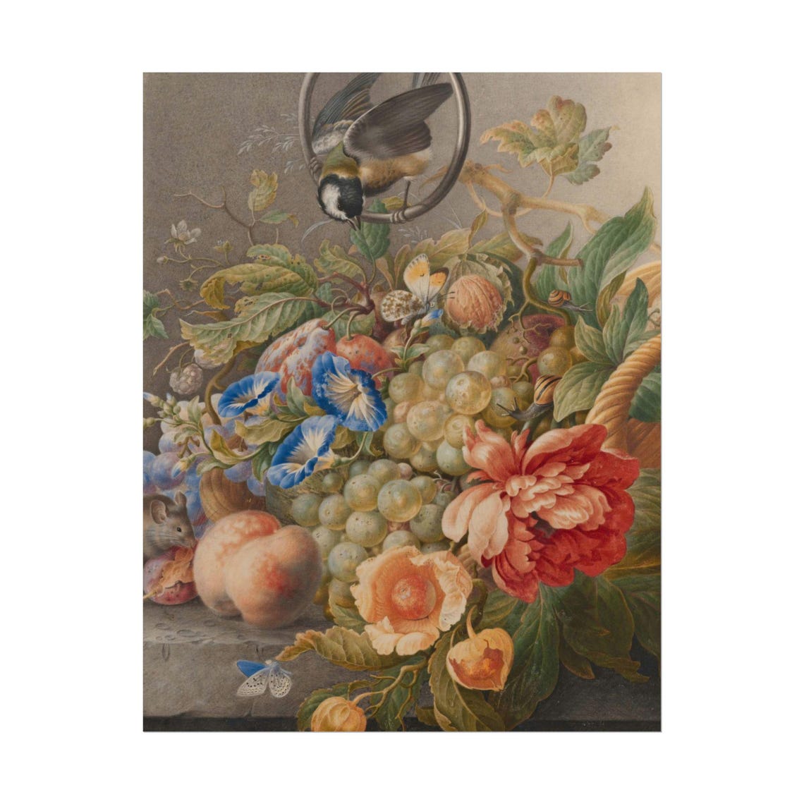 Fruit and Flower Still Life Bird Grapes Peaches Vintage Poster - Image 4