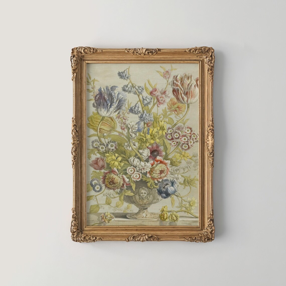 Antique Floral Bouquet Engraving Stone Urn Tulips Iris Poster