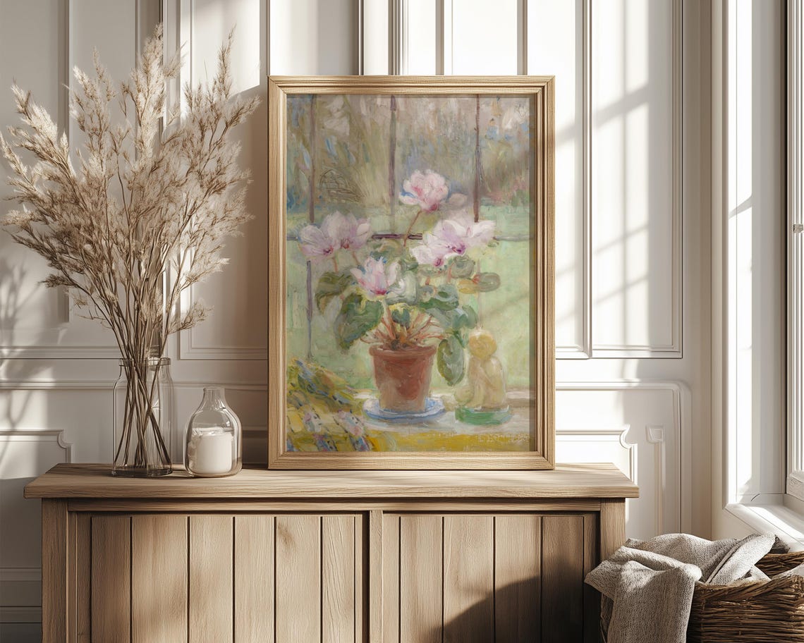 Pink Cyclamen Pot on Windowsill in Soft Watercolor Art Poster - Image 4