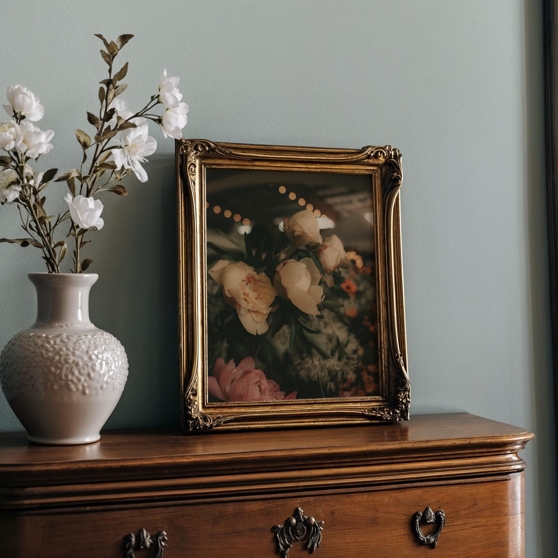 Cream And Pink Peonies With Evening Lights Moody Photograph Print - Image 2