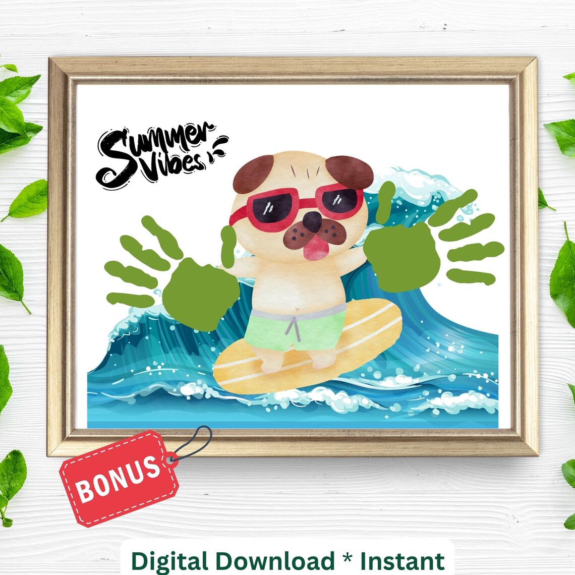 Summer Vibes Surfing Pug Handprint Summer Beach Craft Poster