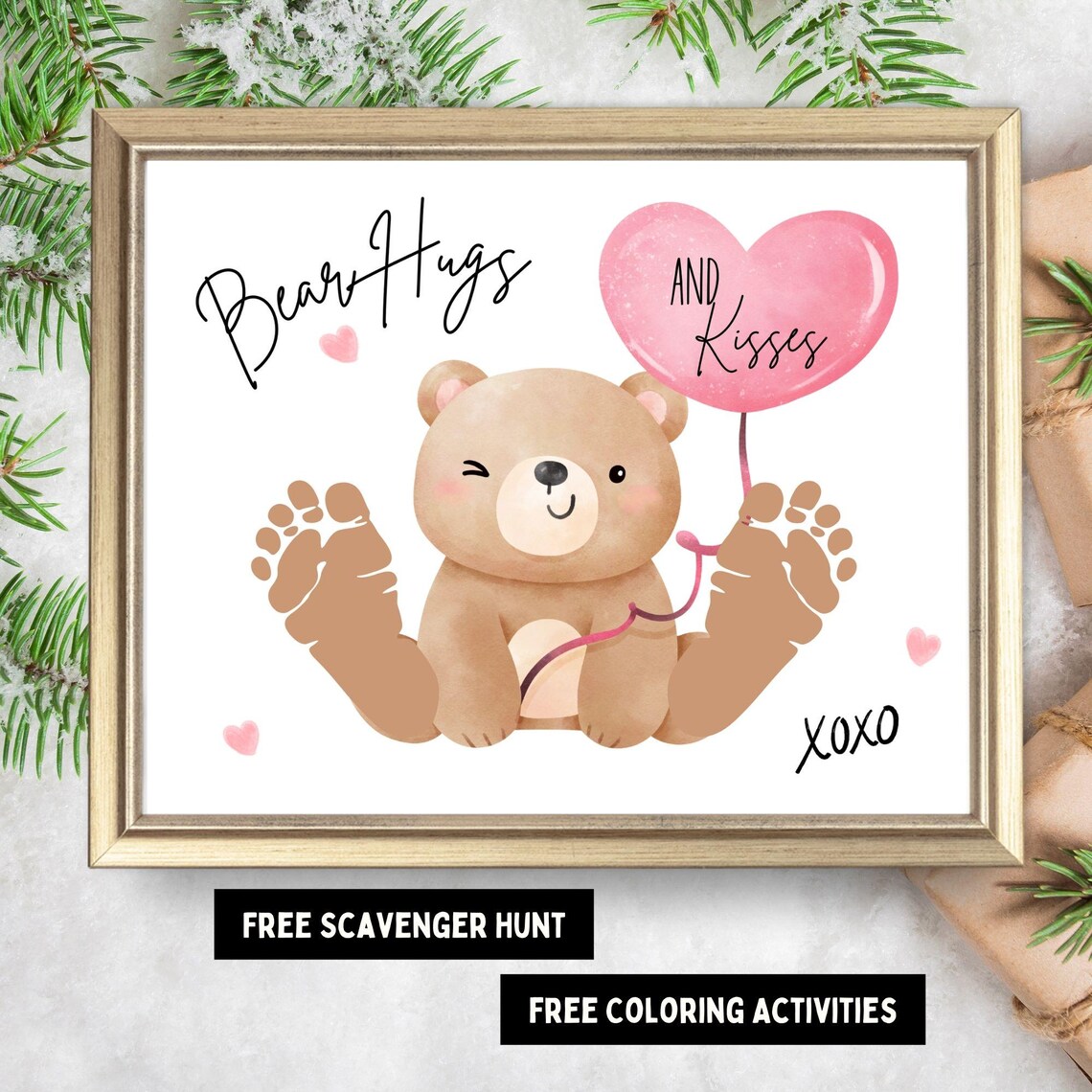 Bear Hugs and Kisses Footprint Bear Valentine Craft Keepsake Print