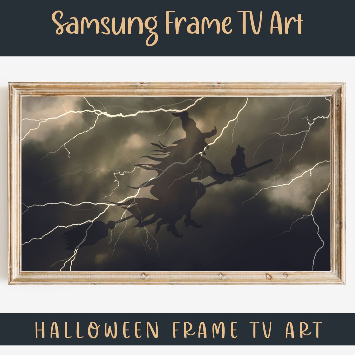 Witch Flying Broomstick Lightning Storm Halloween Frame TV Art Print