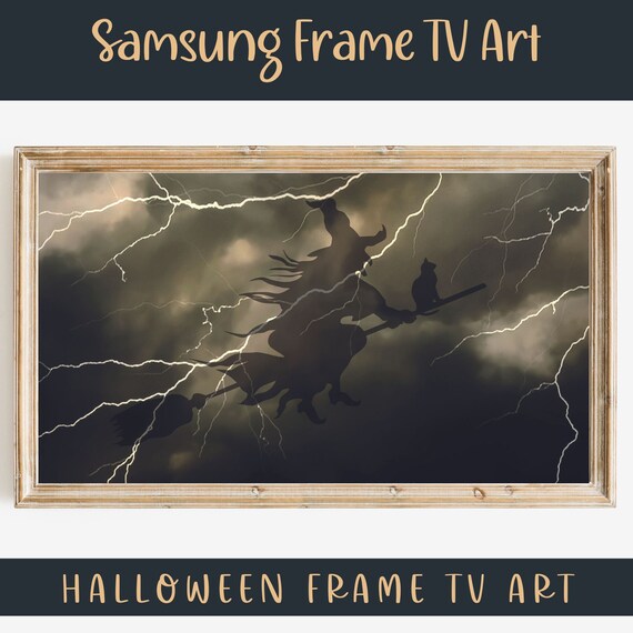 Witch Flying Broomstick Lightning Storm Halloween Frame TV Art Print