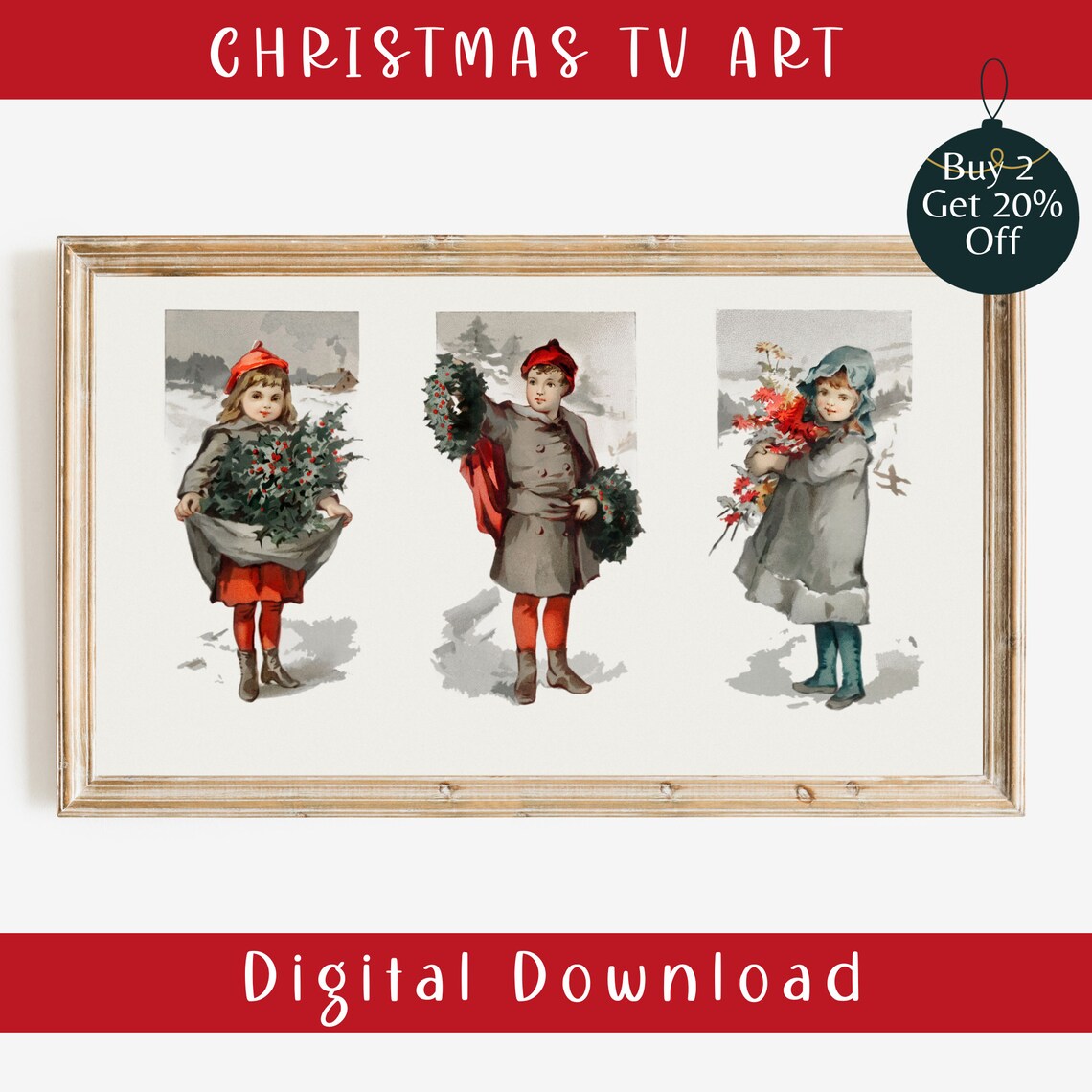 Vintage Christmas Children Holly Wreaths Snow Scene Frame TV Art Print - Image 2