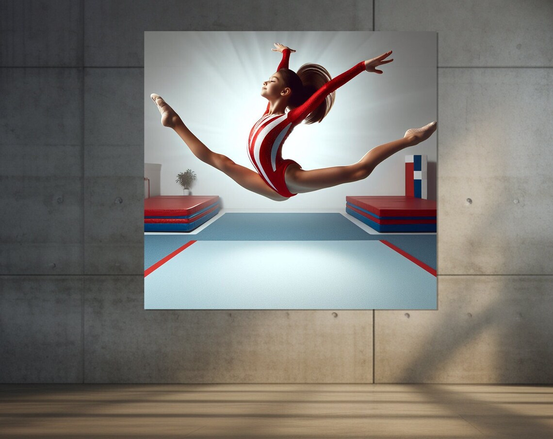 Gymnast Split Leap Floor Exercise Red Leotard Sports Action Poster