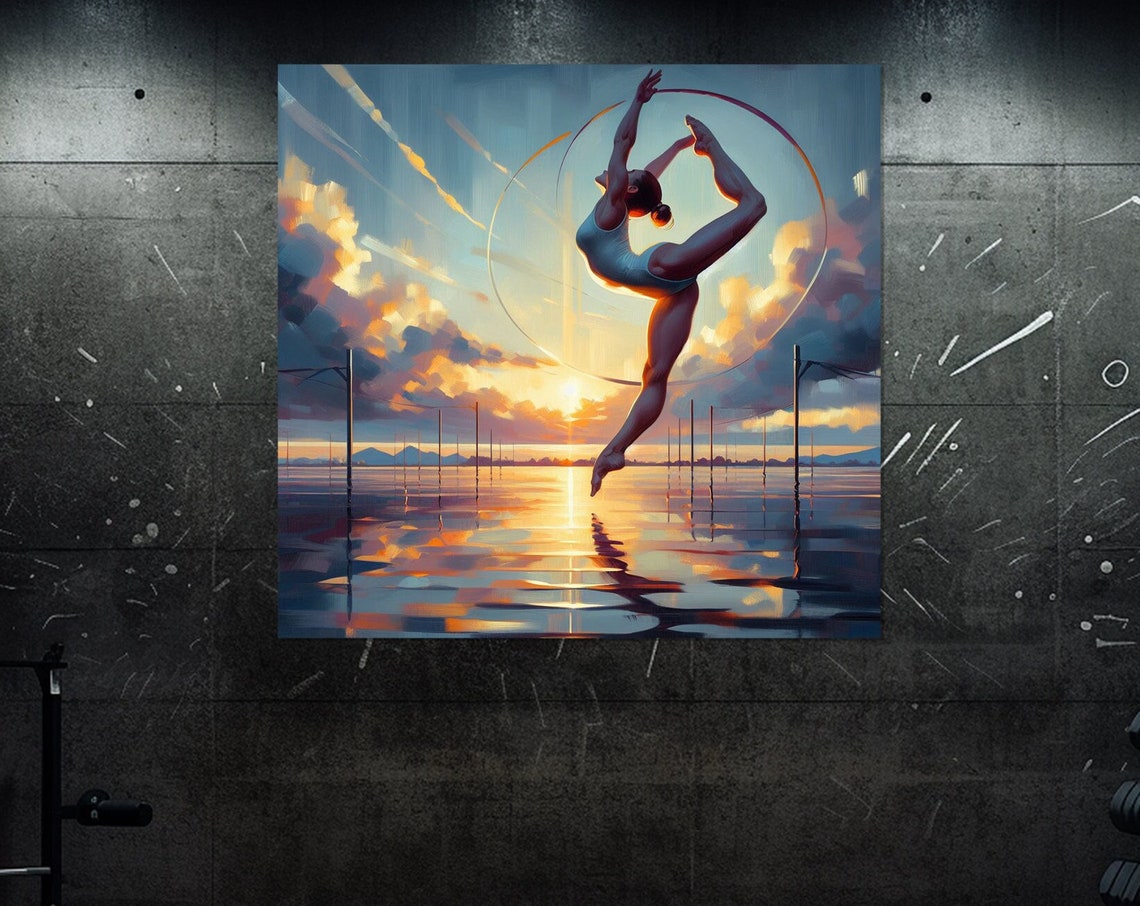 Gymnast Leaping Through Hoop Sunset Water Reflection Scene Poster
