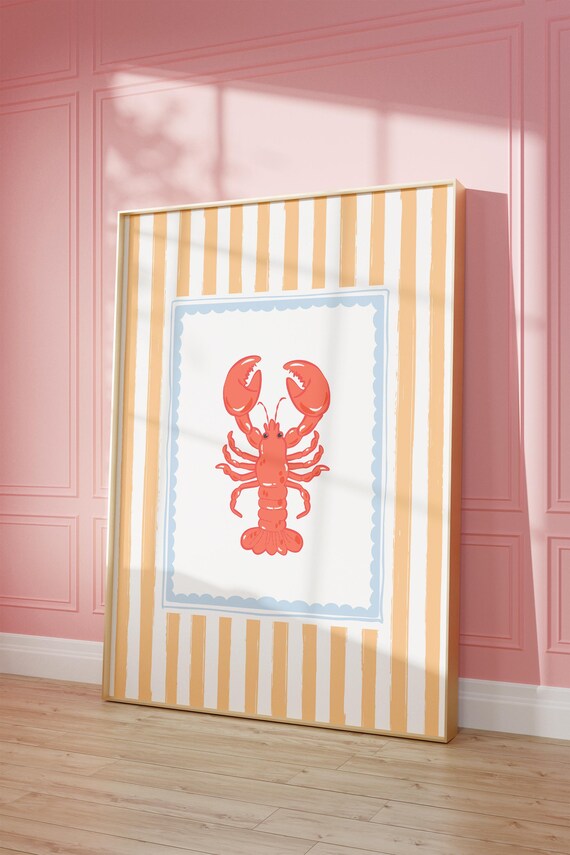Orange Striped Lobster Wall Art Coastal Preppy Beachy Print For Dorm Kitchen Or Apartment Nautical Girly Summer Decor