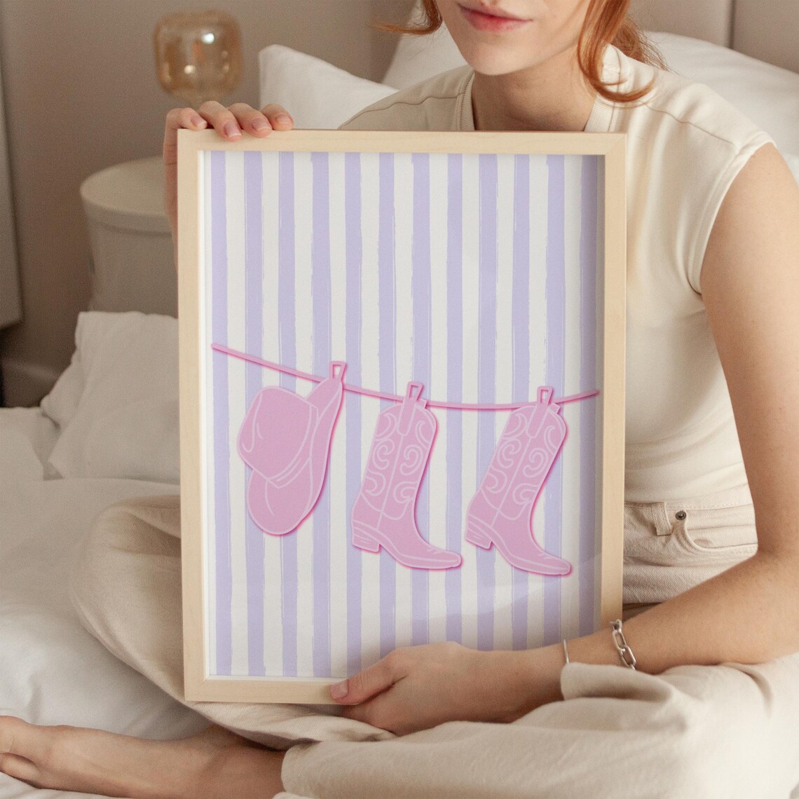Sweet Pink Cowgirl Boots and Hat on Soft Lilac Striped Poster