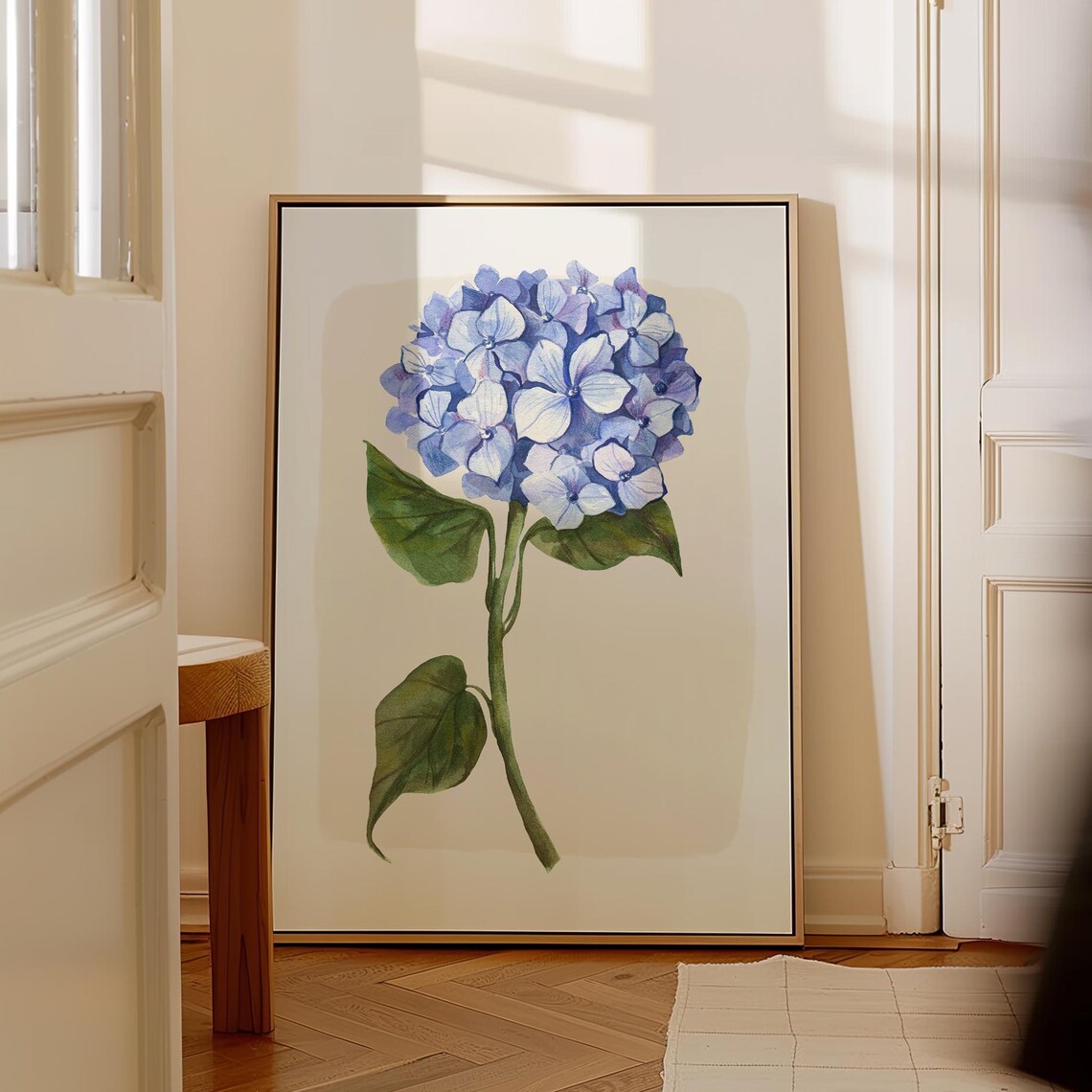 Blue Hydrangea Bloom Watercolor Large Stem Botanical Wall Art Print