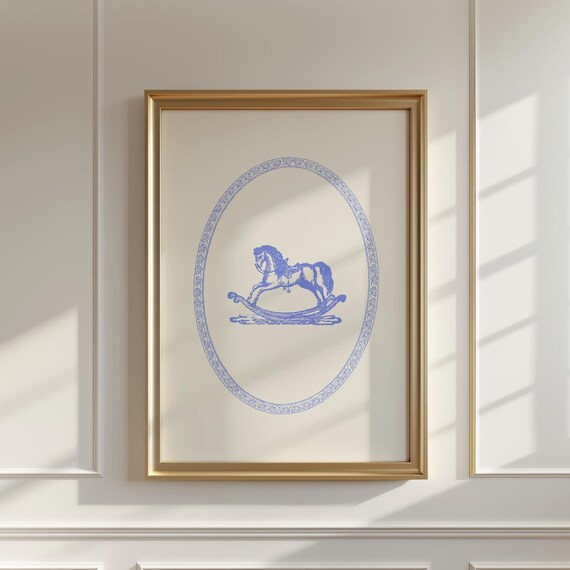Blue Vintage Rocking Horse In Oval Frame Nursery Room Poster