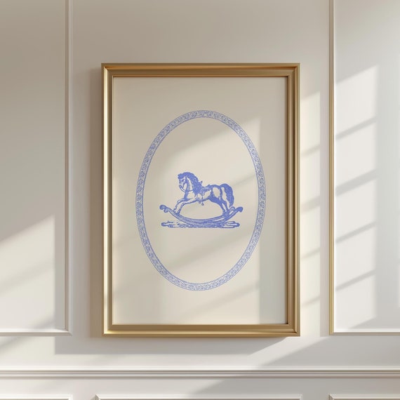 Blue Vintage Rocking Horse Print Vertical Art Print Print Wall Art Vintage Painting English Garden Cottage Nursery