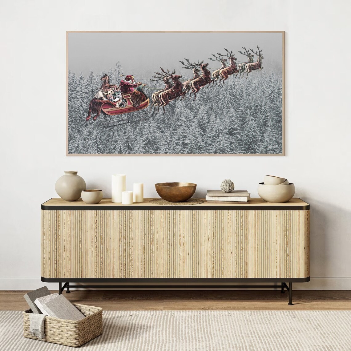 Santa Claus Flying In His Sleigh Over Snowy Forests At Night Poster - Image 2