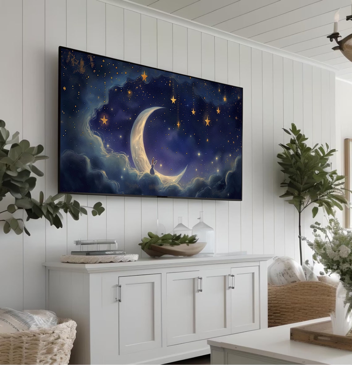 Crescent Moon Bunny Hanging Stars Starry Cloud Night Painting Poster - Image 5