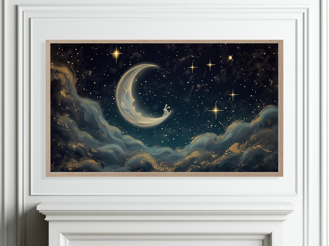 Bunny On The Crescent Moon Starry Night Nursery Painting Poster - Image 5