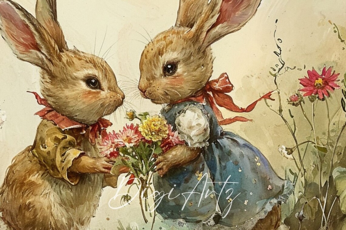 Two Bunnies in Love Vintage Storybook Rabbit Illustration Poster - Image 6