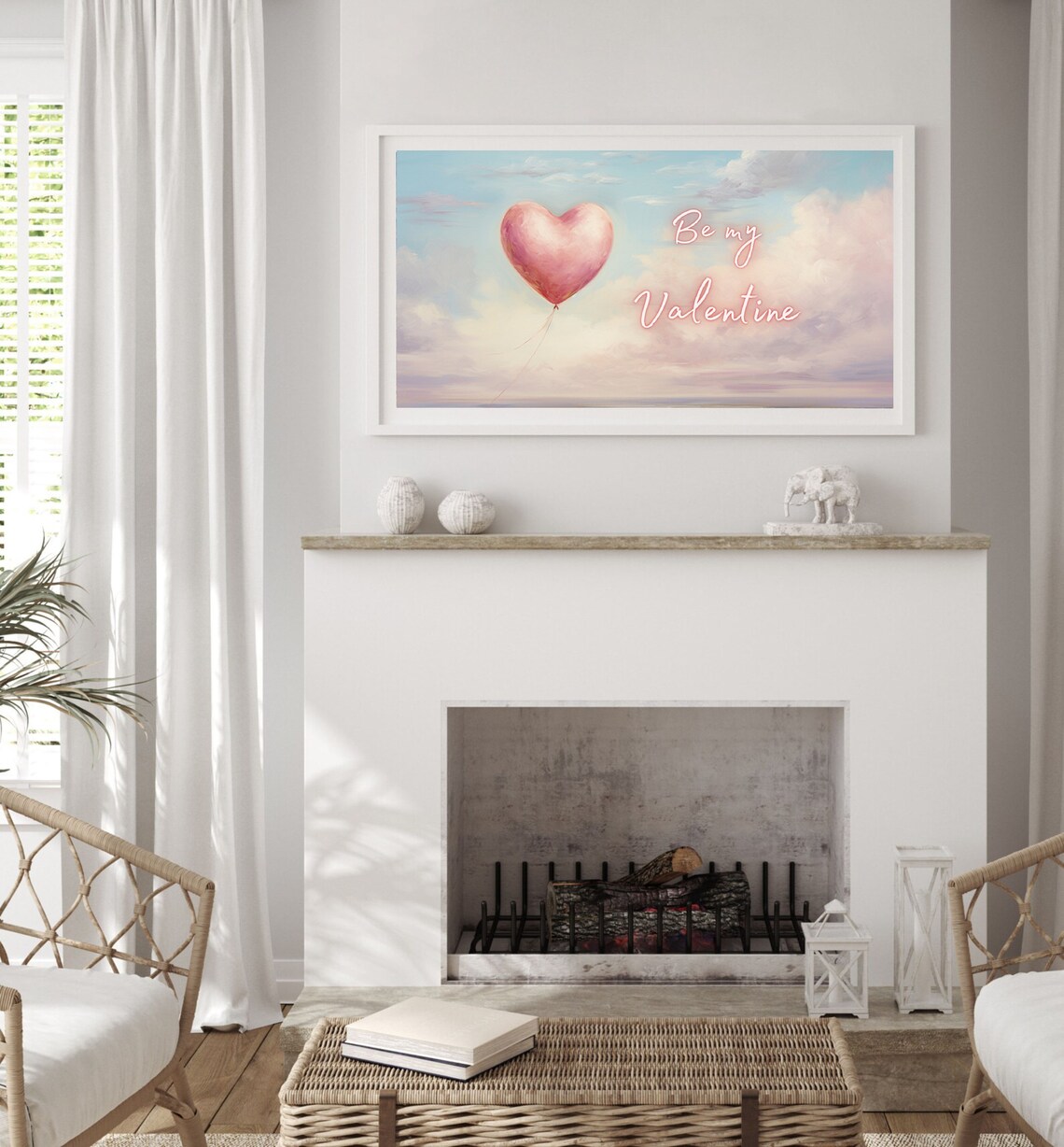 Be My Valentine Pink Heart Balloon Pastel Clouds Painting Poster - Image 5