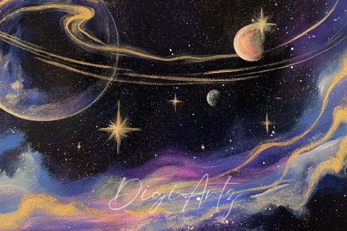 Ringed Planet Purple Gold Nebula Cosmic Space Oil Painting Poster - Image 6