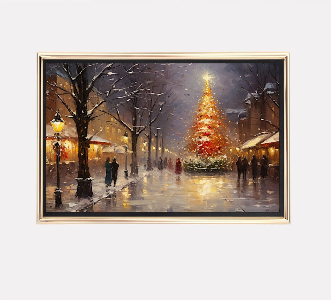 Frame Tv Christmas Night In Town Oil Painting Cottagecore Christmas Tree Decor Moody Winter Landscape Holiday Print Farmhouse Art - Image 4