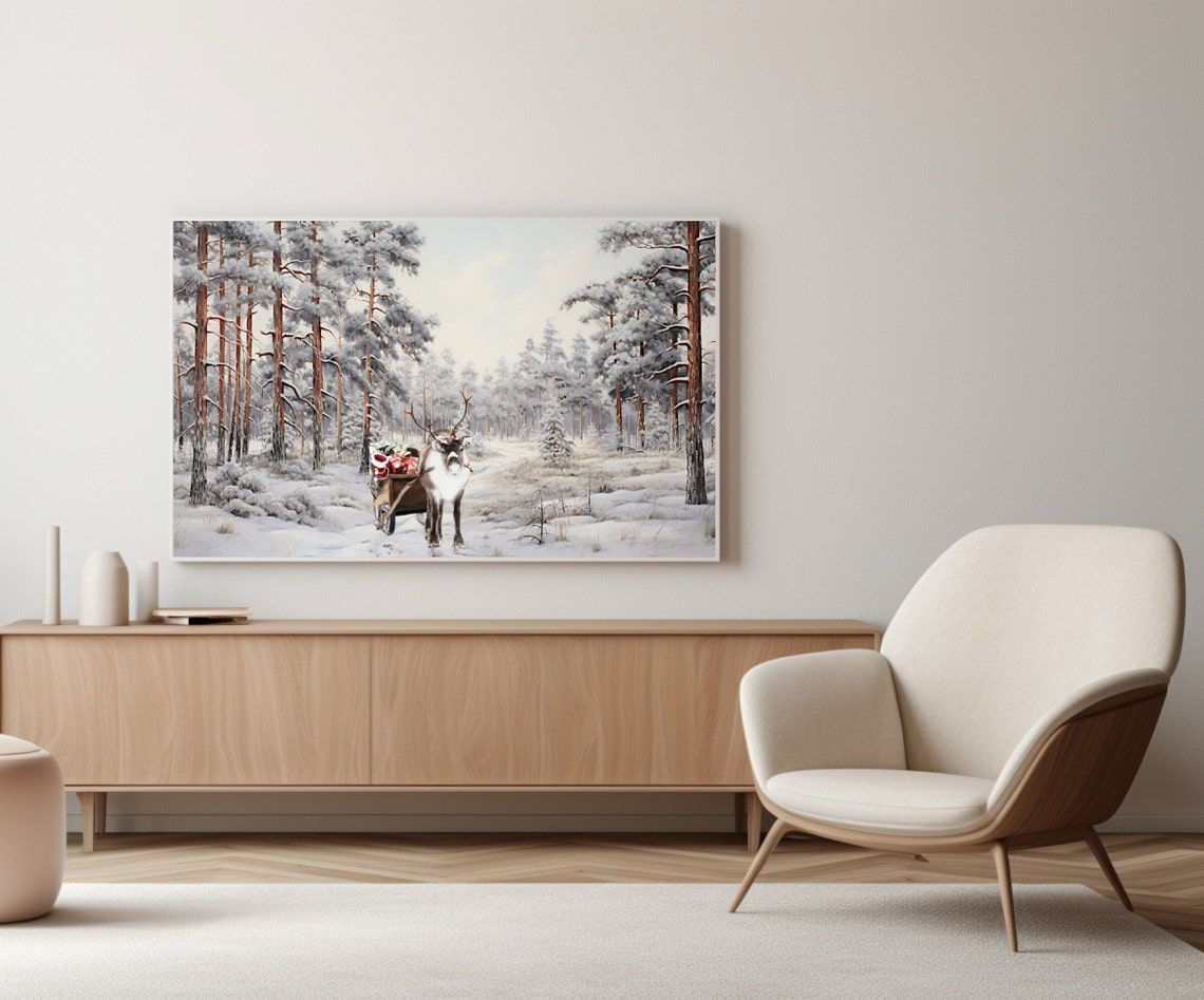 Santa Claus In A Reindeer Drawn Sleigh Through Snowy Pine Woods Poster - Image 3