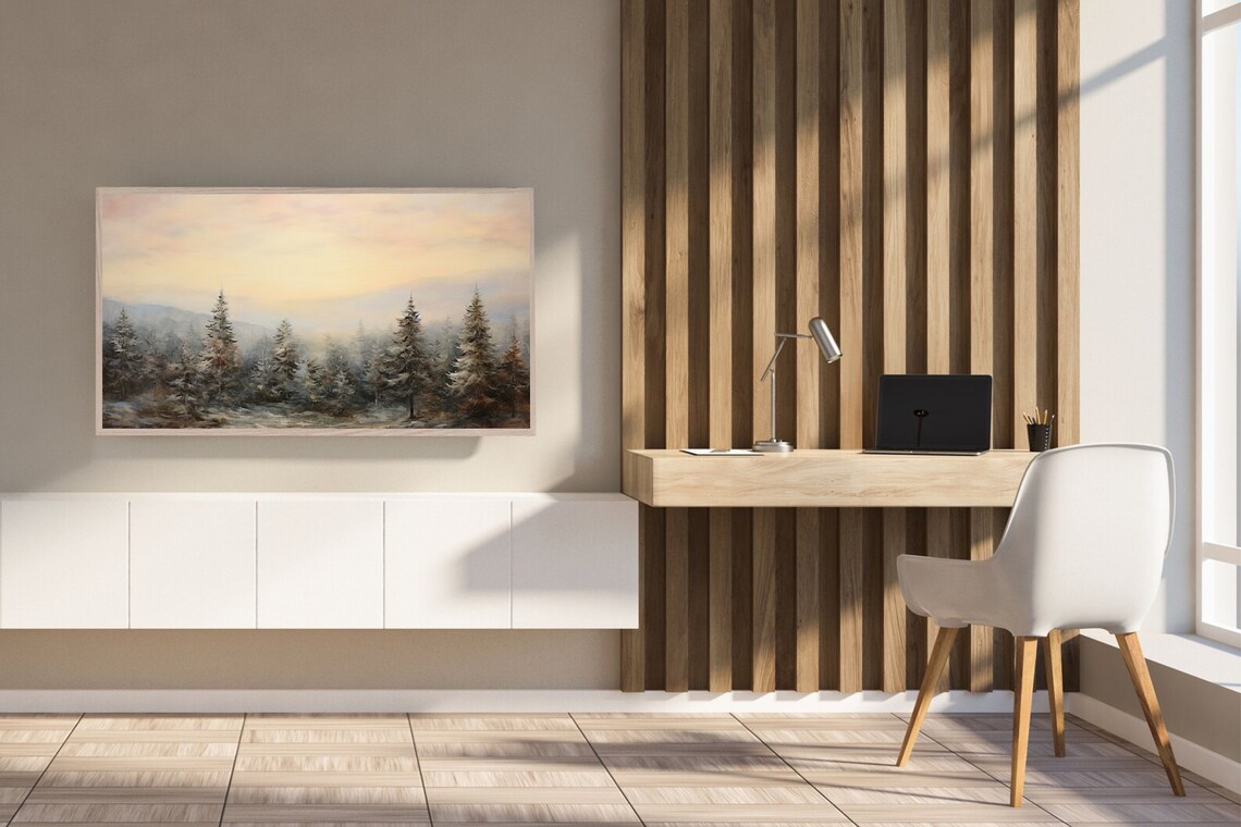 Snowy Pine Forest at Dawn Misty Winter Landscape Oil Painting Poster - Image 3
