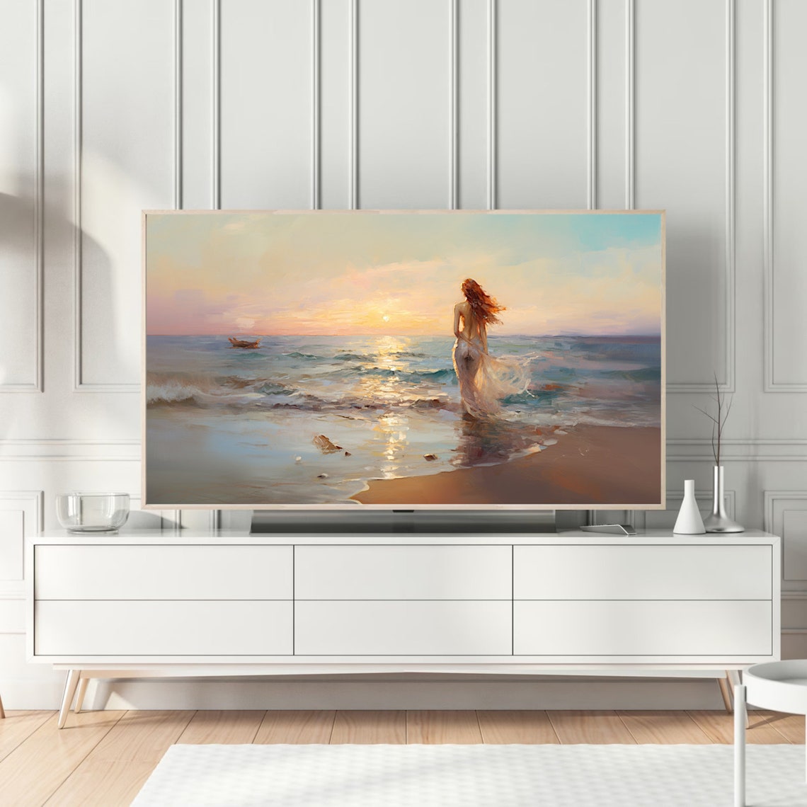 Red Haired Woman Walking on Beach at Sunset Impressionist Poster - Image 4