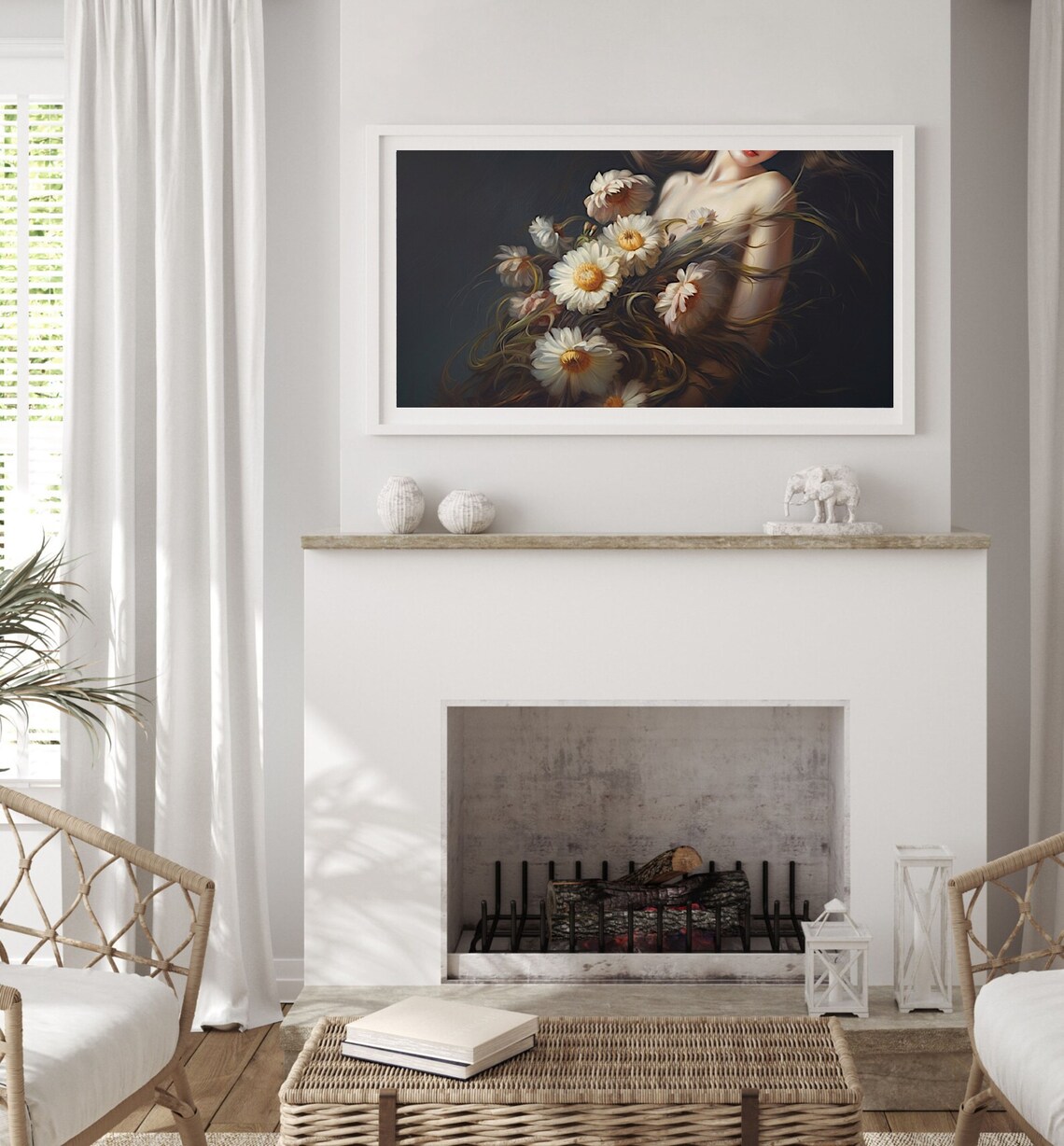 Moody Woman With Daisies Dark Feminine Floral Oil Painting Poster - Image 3