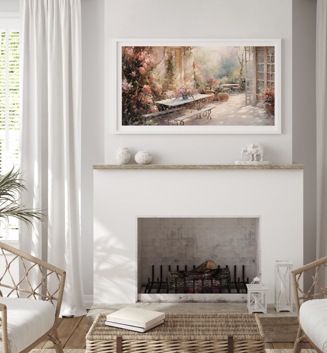 Sunlit Garden Terrace With Pink Blooms And French Doors Poster - Image 3