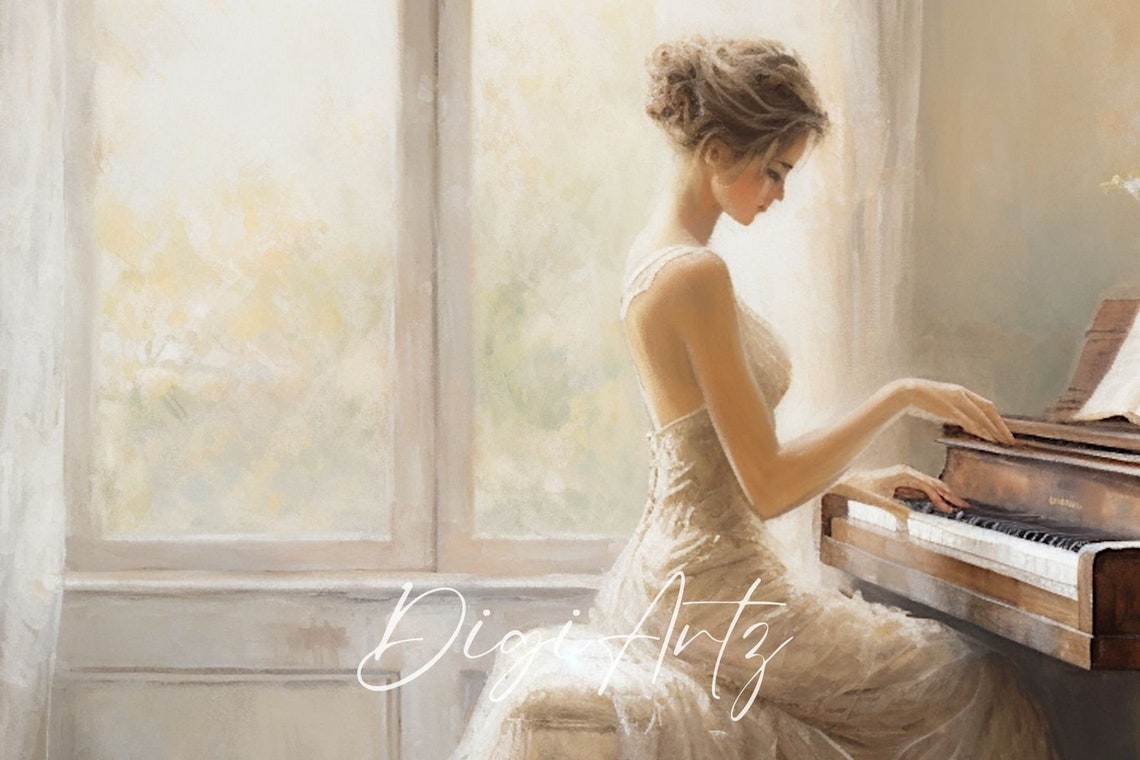 Woman Playing Grand Piano Sunlit Room Elegant Classical Music Poster - Image 6
