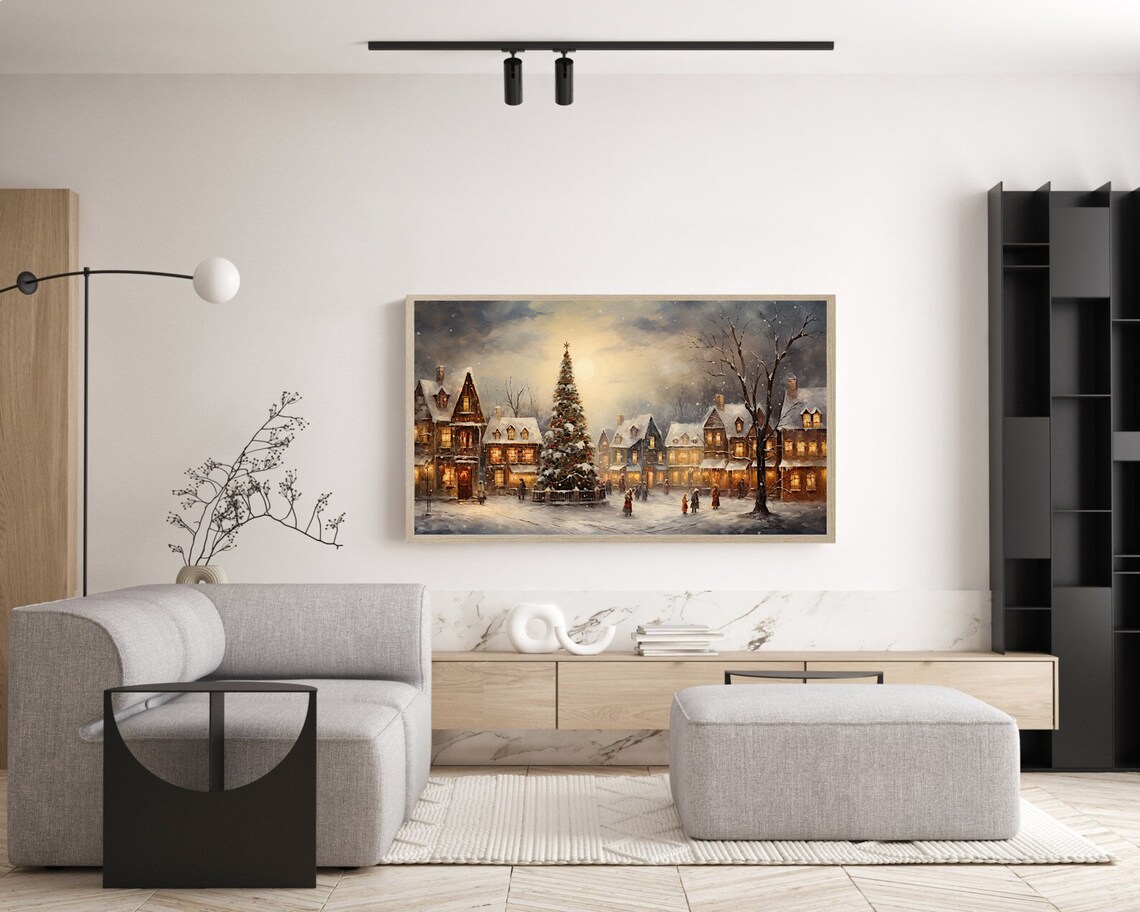 Frame Tv Vintage Winter Landscape Oil Painting Cottagecore Academia Christmas Town Decor Rustic Snowy Winter Holiday Farmhouse Print - Image 5