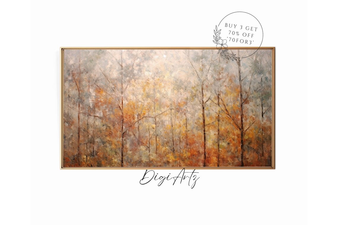 Golden Autumn Forest With Tall Trees In Soft Morning Mist Poster